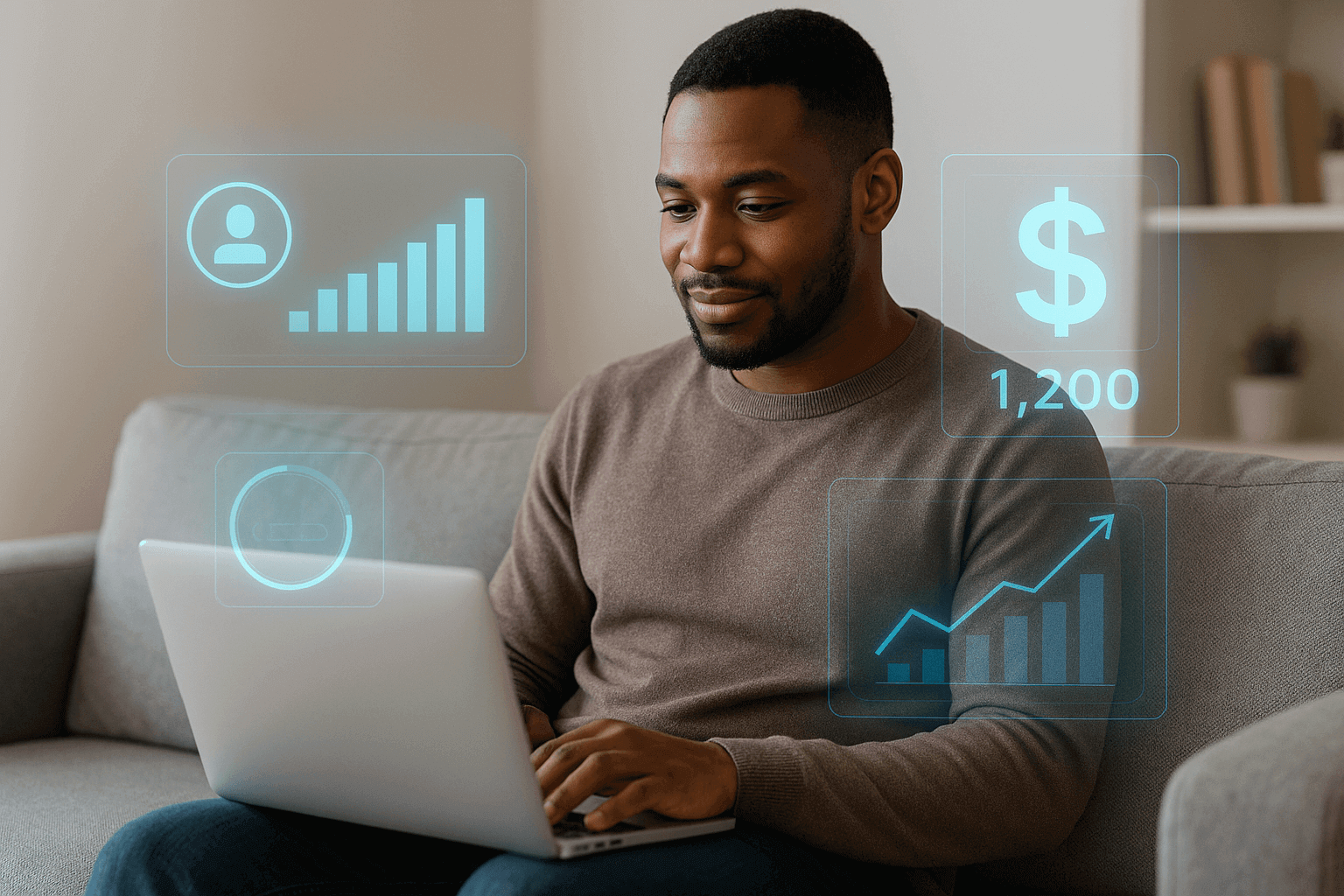 Illustration d'un freelance travaillant sur ordinateur avec différentes icônes représentant des plateformes en ligne.